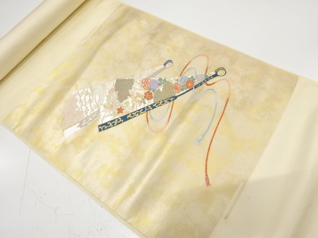 JAPANESE KIMONO / ANTIQUE BOLT FOR NAGOYA OBI / SILK / WOVEN FOLDING FAN & FLORAL PLANTS